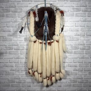 Large Handmade Dreamcatcher Wall Hanging Fur Hide Feathers Beaded 45”